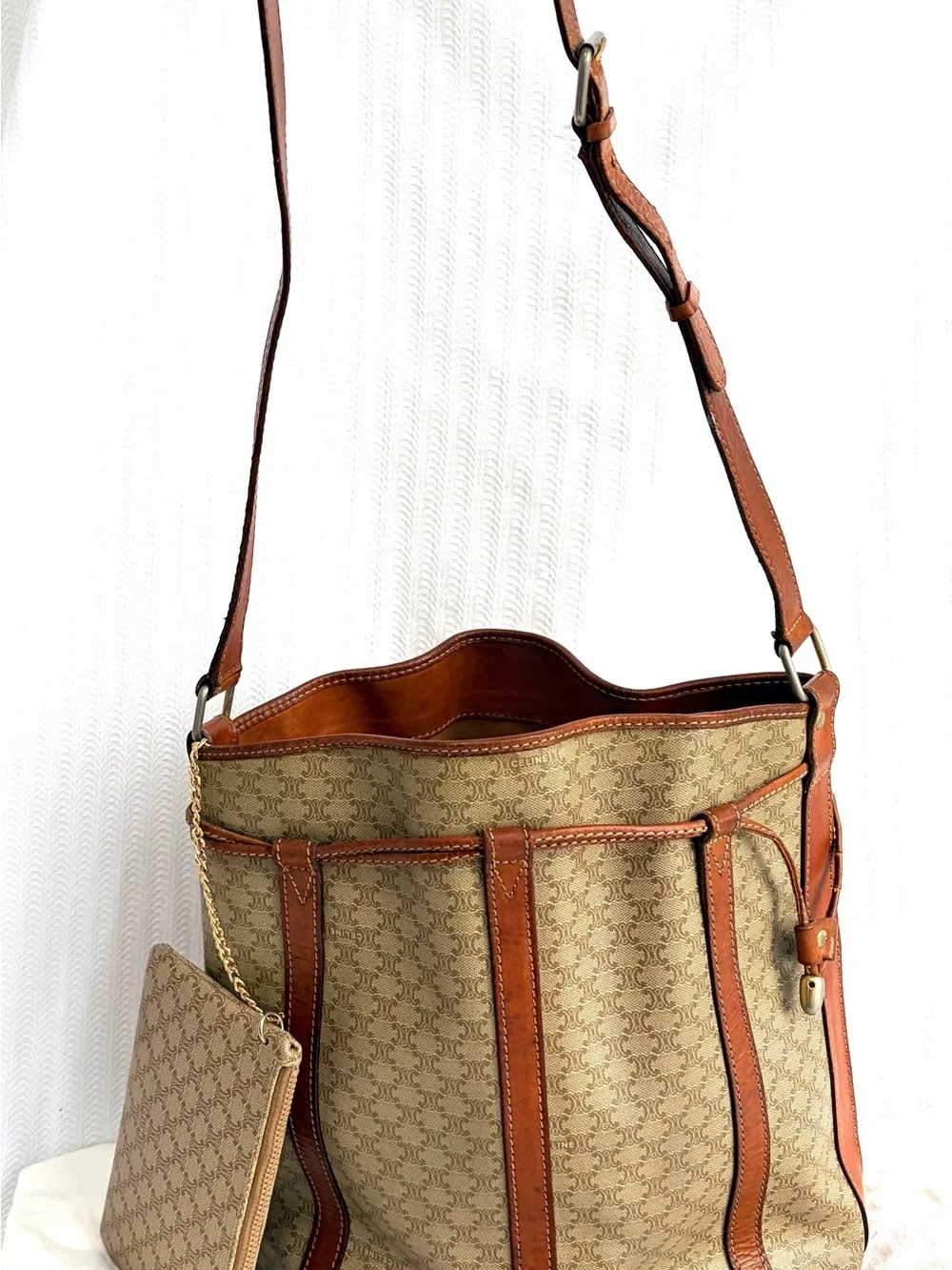 Vintage Celine Macadam Bucket Bag with Pouch and Dustbag - Beige Taupe Cognac